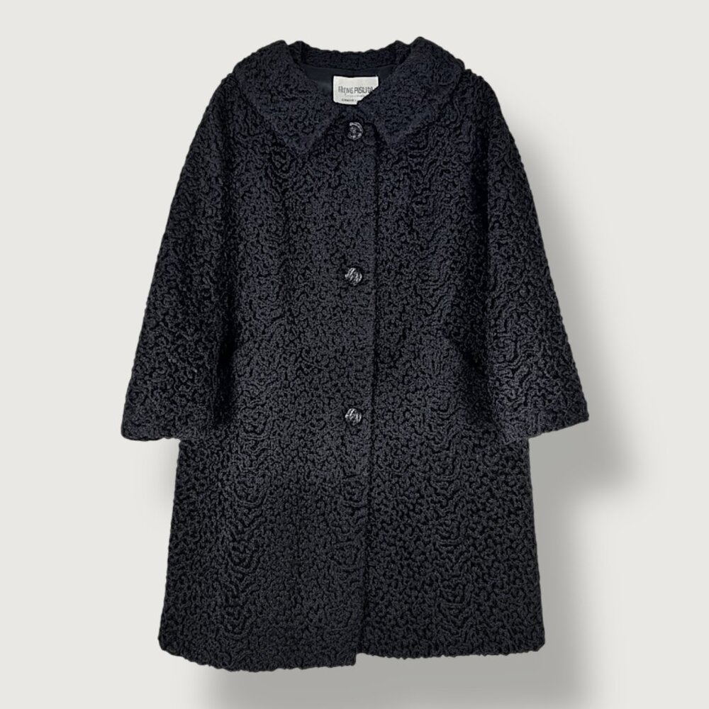 Vintage | Irving Posluns | M | 1960's Curly Faux Fur Coat | Black | Chic | Retro